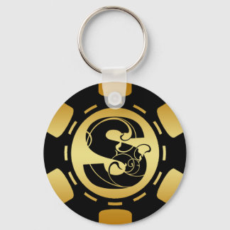 BLACK AND GOLD MONOGRAM LETTER S POKER CHIP KEY RING