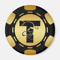 BLACK AND GOLD MONOGRAM LETTER T POKER CHIP