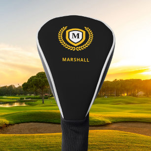 Black and Gold Monogram Logo Crest Golf Head Cover