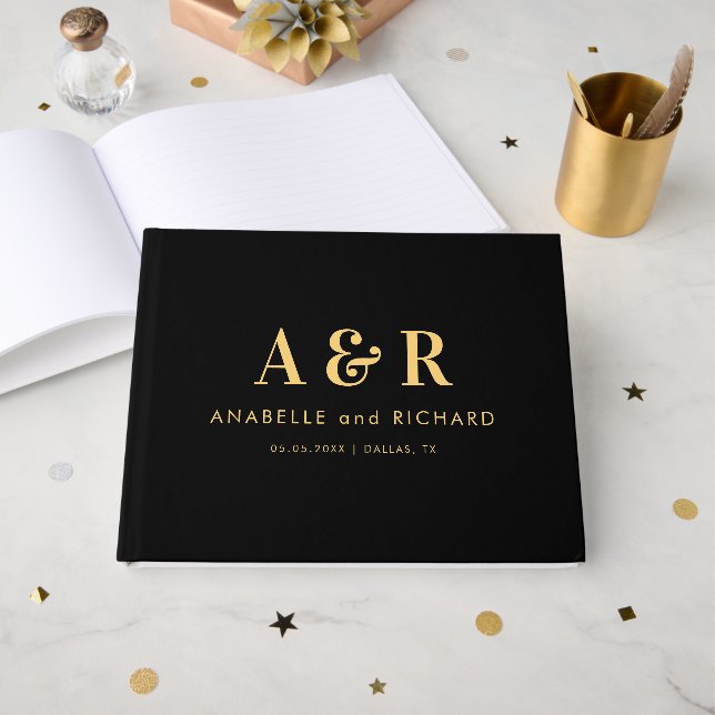 Black and Gold Monogram Minimalist Simple Wedding Guest Book (Front Open)