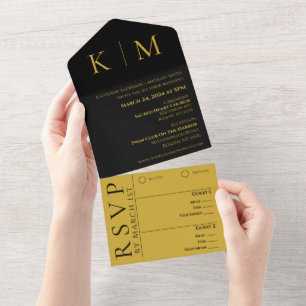 Black and Gold-Monogram-Modern Wedding- All In One Invitation