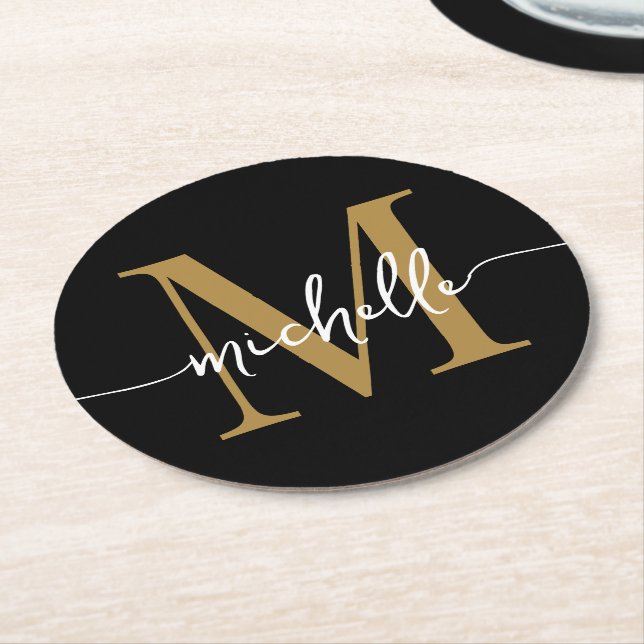 Black And Gold Monogram Name Elegant Script  Round Paper Coaster (Angled)