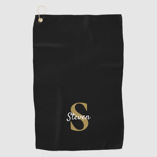 Black and Gold Monogram Name Simple Golf Towel (Front)