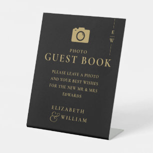 Black And Gold Monogram Photo Guest Book Wedding Pedestal Sign