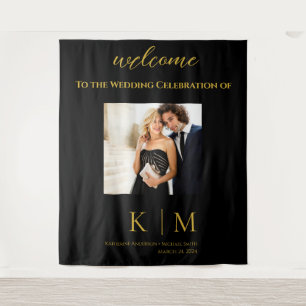 Black and Gold-Monogram-Photo-Wedding- Tapestry