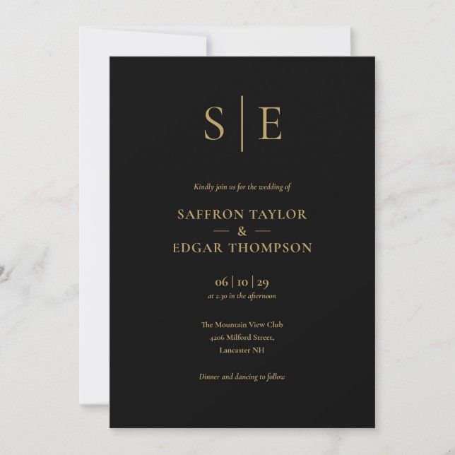 Black And Gold Monogram QR Code Wedding Invitation (Front)