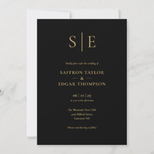 Black And Gold Monogram QR Code Wedding Invitation