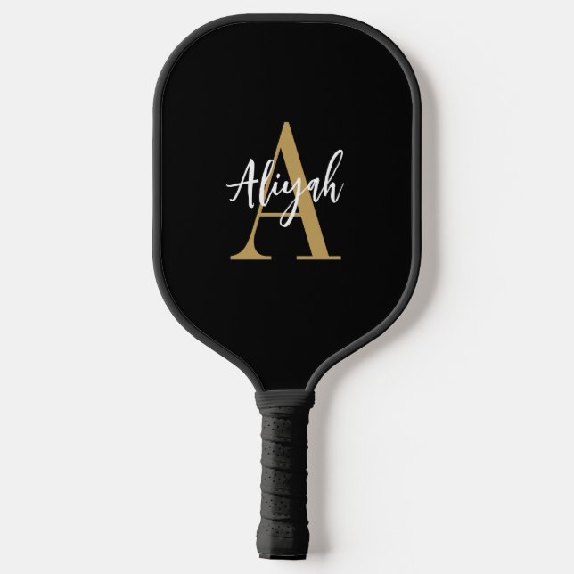 Black And Gold Monogram Script Name Custom  Pickleball Paddle (Back)