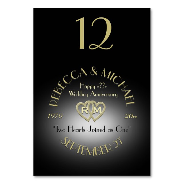 Black and Gold Monogram Table Number (Front)