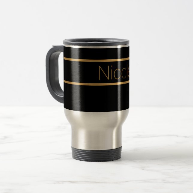 black and gold monogram travel mug (Front Left)