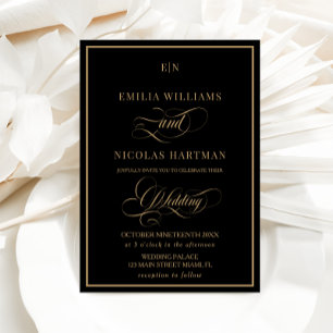 Black and Gold Monogram Wedding Invitation