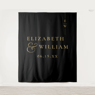 Black And Gold Monogram Wedding Photo Backdrop Tapestry