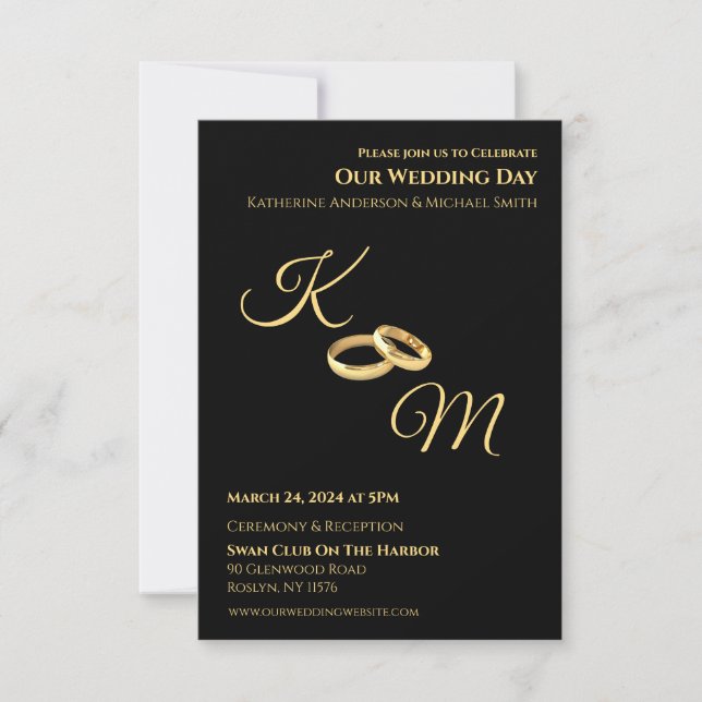 Black and Gold-Monogram-Wedding Rings- Invitation (Front)
