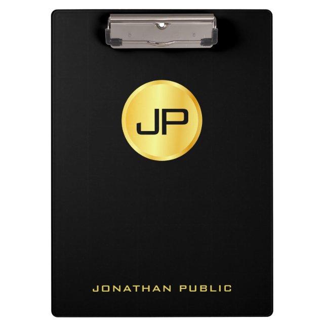 Black And Gold Monogrammed Modern Elegant Clipboard (Front)