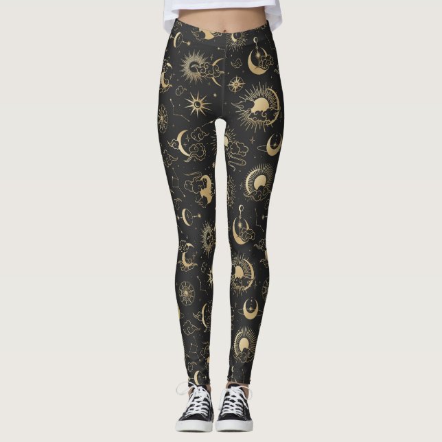 Black and Gold Moon Star Sun Astrology Art Leggings (Front)