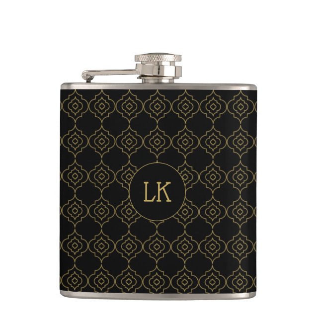 Black and gold Moroccan monogram Hip Flask (Front)