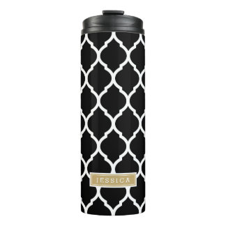 Black and Gold Moroccan Quatrefoil Monogram Thermal Tumbler