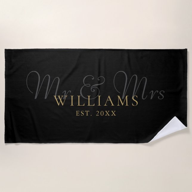 Black And Gold Mr And Mrs Established Beach Towel (Front)