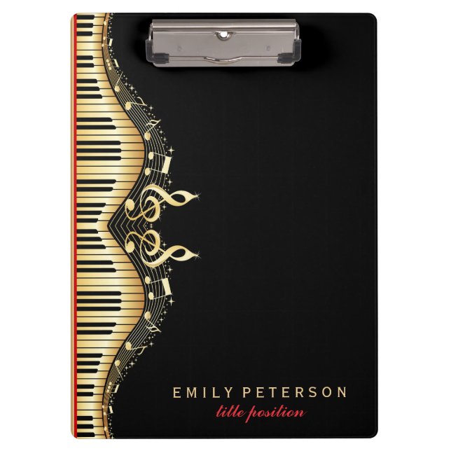 Black And Gold Music Notes Design Red Accents Clipboard (Front)