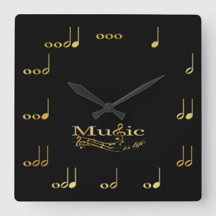 Black and Gold Musical Notes Square Wall Clock