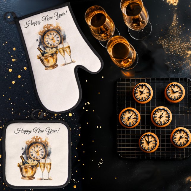 Black and Gold New Year’s Eve Oven Mitt & Pot Holder Set (Creator Uploaded)