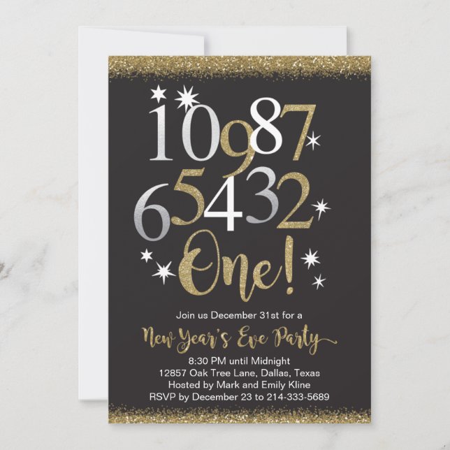Black and Gold New Year's Eve Party Invitations (Front)
