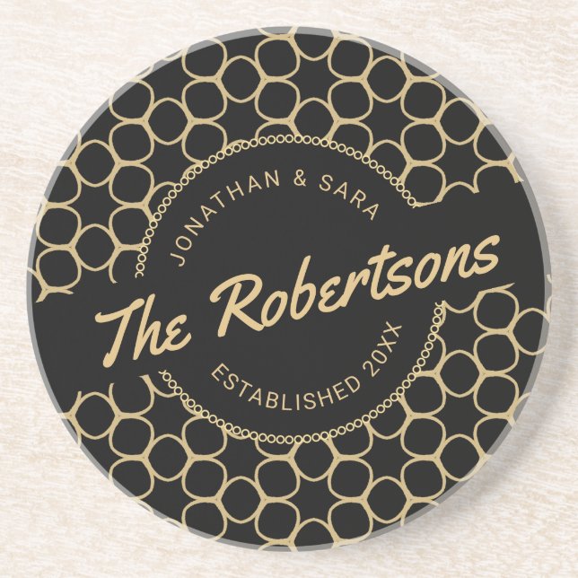 Black and Gold Newlywed Keepsake Coaster (Front)