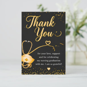 Black and Gold Nursing Graduation Thank You Card w