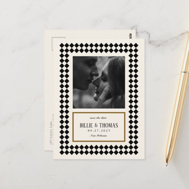 Black and Gold on Ivory Chequerboard Border Jazz Postcard (Front/Back In Situ)