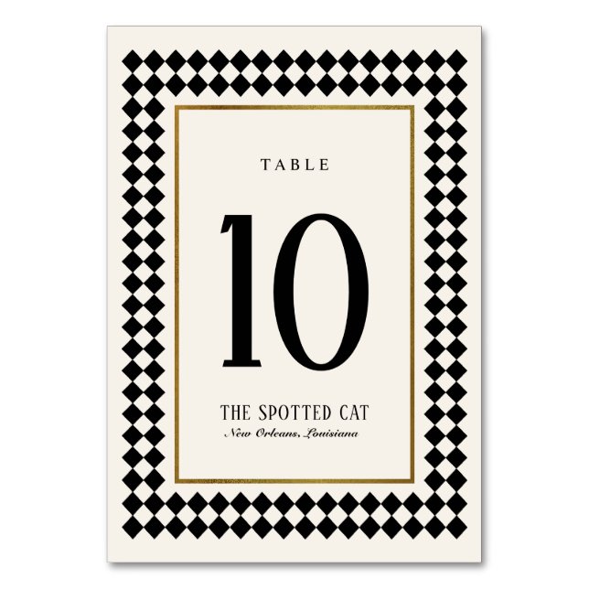 Black and Gold on Ivory Chequerboard Border Jazz Table Number (Front)