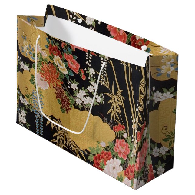 Black and Gold Oriental Japanese Kimono Floral  Large Gift Bag (Front Angled)