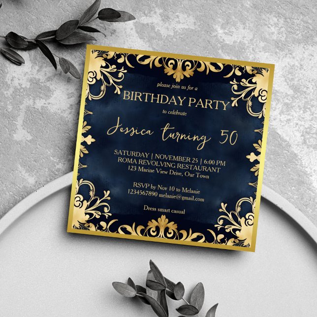 Black and gold ornamental birthday party chic invitation (Black and gold Victorian ornamental birthday party elegant chic template invitation digital download)