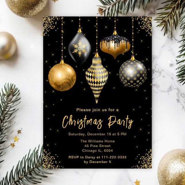 Black and Gold Ornaments Christmas Party Invitation (Creator Uploaded)