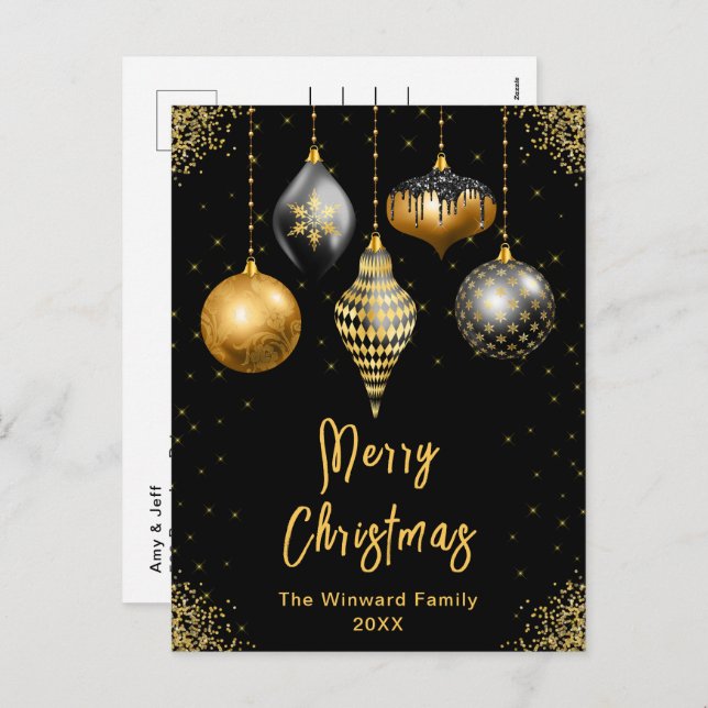 Black and Gold Ornaments Merry Christmas Holiday Postcard (Front/Back)