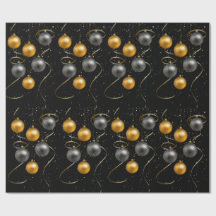 Black and Gold Ornaments Merry Christmas Holiday Wrapping Paper