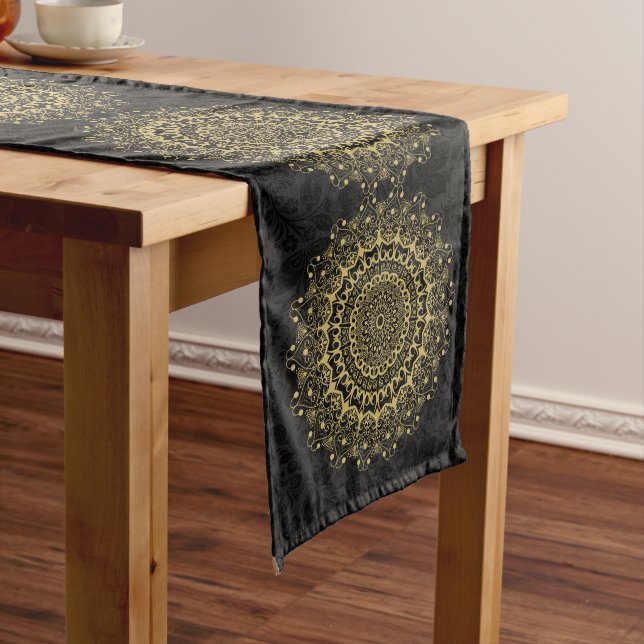 Black and gold ornate mandal pattern long table runner (In Situ)