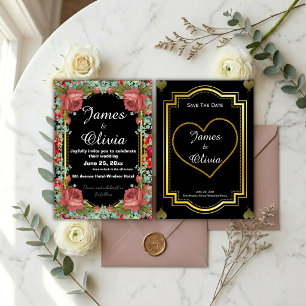 Black and Gold Oval Wedding Invitation Red Roses