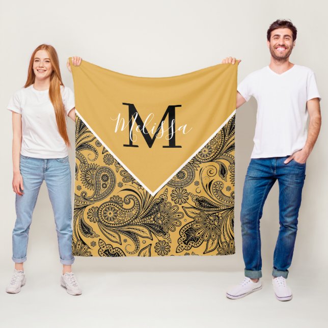 Black and  gold paisley   fleece blanket (In Situ)