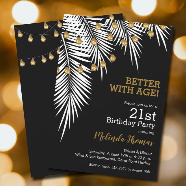 Black and Gold Palms Birthday Party Invitation (White Palms and string lights on black 21st birthday  invitations, PRINTED and/or INSTANT DOWNLOAD)