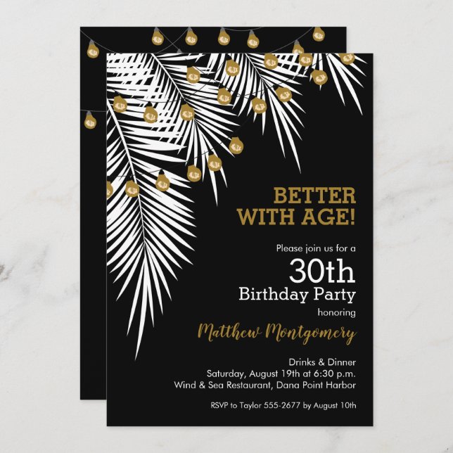 Black and Gold Palms Birthday Party Invitation (Front/Back)