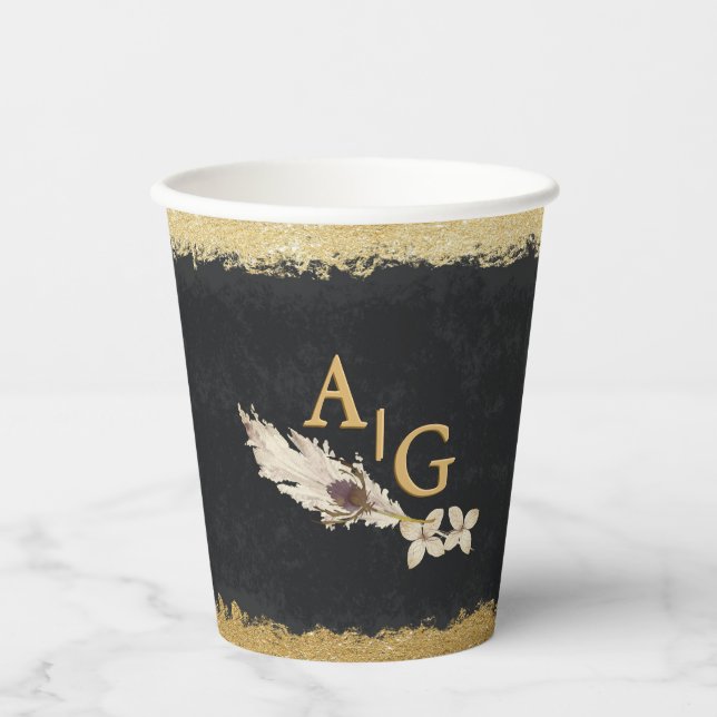 Black and Gold | Pampas Grass and Thistle Paper Cups (Front)