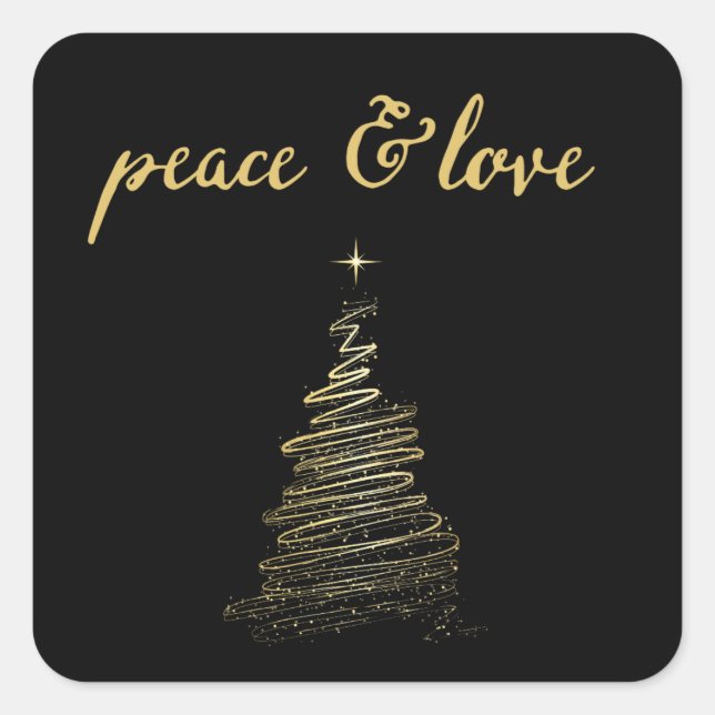 Black and Gold Peace and Love Tree Holiday Sticker (Front)