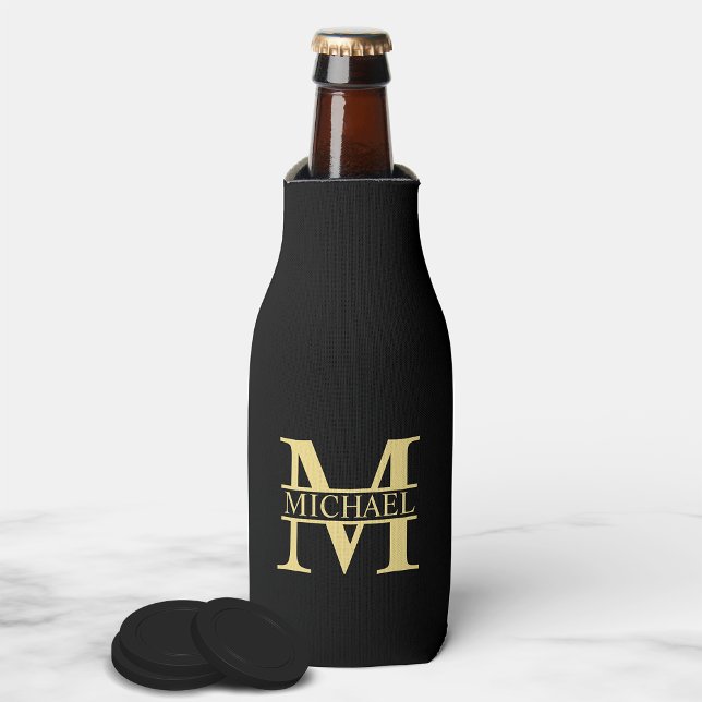 Black and Gold Personalised Monogram and Name Bottle Cooler (Creator Uploaded)