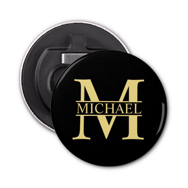 Black and Gold Personalised Monogram and Name Bottle Opener (Front)
