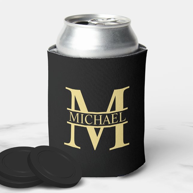 Black and Gold Personalised Monogram and Name Can Cooler (Creator Uploaded)