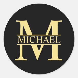 Black and Gold Personalised Monogram and Name Classic Round Sticker