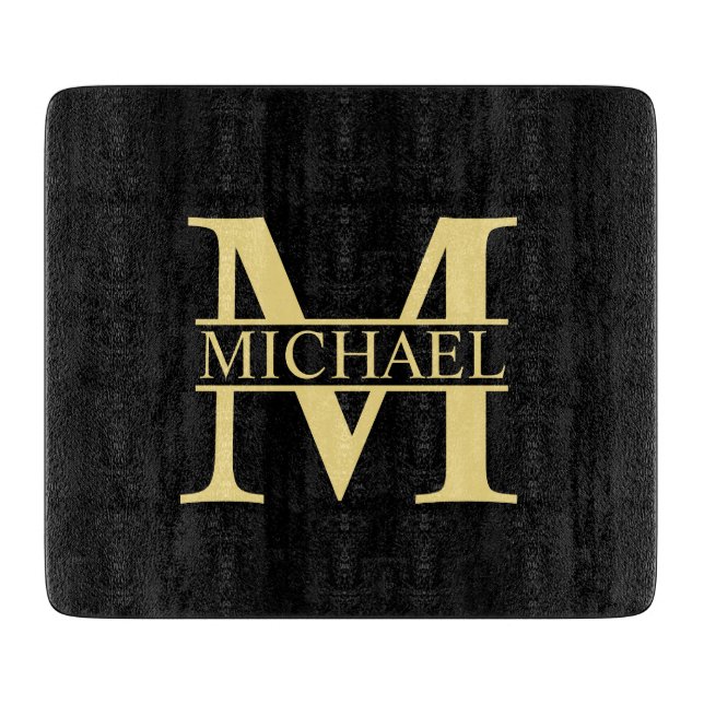 Black and Gold Personalised Monogram and Name Cutting Board (Front)