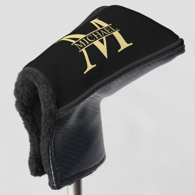 Black and Gold Personalised Monogram and Name Golf Head Cover (3/4 Front)