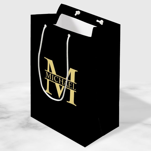 Black and Gold Personalised Monogram and Name Medium Gift Bag (Creator Uploaded)
