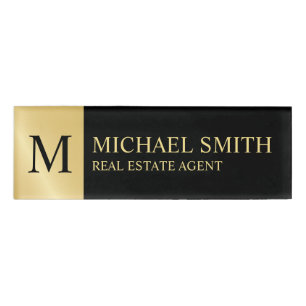 Black and Gold Personalised Monogram and Name Name Tag